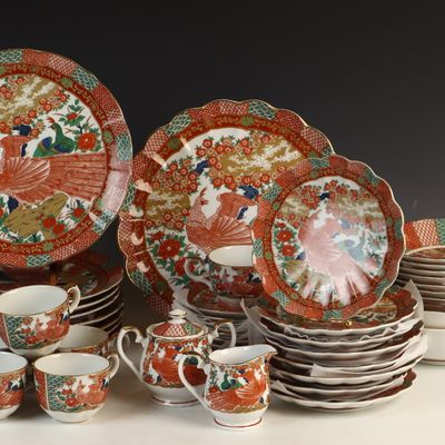 Sale Photo Thumbnail #121: A 45-Piece Arita Fine China Imari Peacock Pattern Dinnerware Set