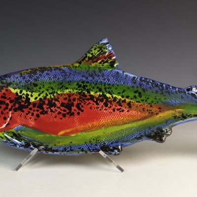 Sale Photo Thumbnail #20: Amen Wardy Painted by Kathy Large Hand Painted Ceramic Rainbow Trout Art Piece