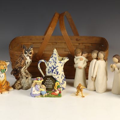 Sale Photo Thumbnail #144: A Collection of Decorative Figurines and a Woven Wood Basket Including Willow Tree by DEMDACO and TAY Italy Examples