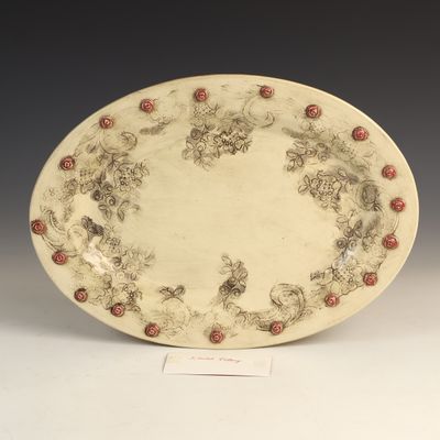Sale Photo Thumbnail #128: Kleilat Pottery Large Oval Serving Platter with Lace Impressions and Applied Roses