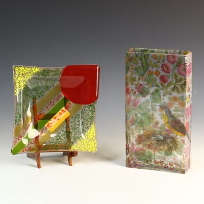 Sale Photo Thumbnail #168: Two Contemporary Decorative Glass Objects Including a Fused Art Plate and a Botanical Motif Vase