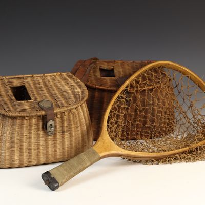 Sale Photo Thumbnail #147: Three Vintage Fly Fishing Accessories including Two Woven Willow Creels and a Bent-Wood Landing Net