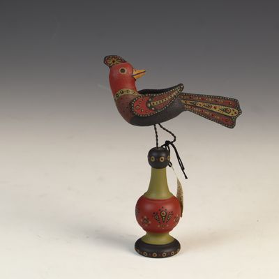 Sale Photo Thumbnail #139: Debbie Jarrett Hand Painted Sawdust Folk Art Bird on Pedestal 2003