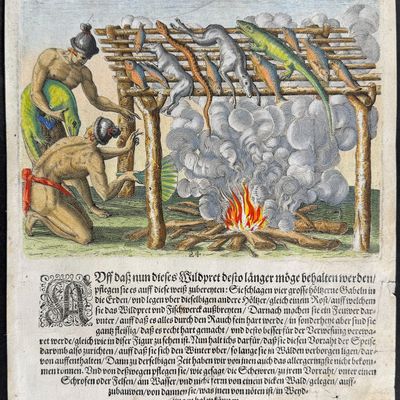 Sale Photo Thumbnail #69: De Bry - Florida - Mode of drying fish,  wild animals and other provisions
