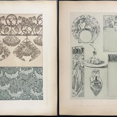 Sale Photo Thumbnail #77: Mucha, Folio - 4 Lithographs of Floral Design, Decor, & Hair & Jewelry Designs