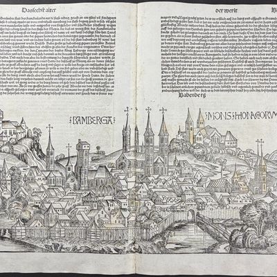 Sale Photo Thumbnail #45: Schedel, pub. 1493 - View of Bamberg (Bamberga), Germany / Verso: Religious & Historic Figures