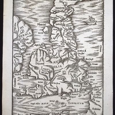Sale Photo Thumbnail #40: Munster, pub. 1578 - Map of England with part of Scotland & Ireland