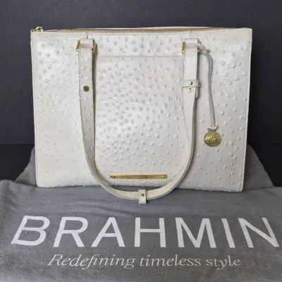 Brahmin White Ostrich-Embossed Leather Tote Purse 