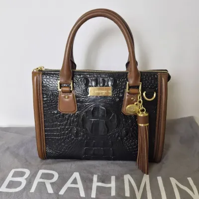 Brahmin Croc Embossed Leather Satchel Handbag: Black/Brown