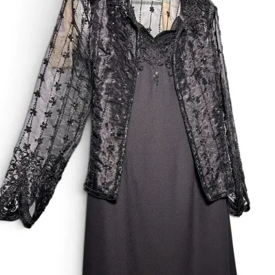 Laurence Kazar Formal Beaded Dress & Sheer Jacket Set: Size 10