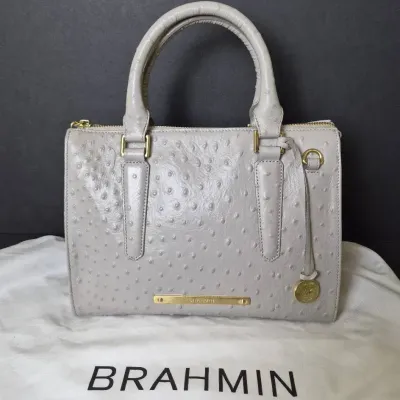 Brahmin Ostrich-Embossed Leather Satchel Handbag: Gray/Taupe
