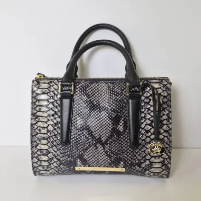 Brahmin Snakeskin-Embossed Leather Satchel Handbag: Grey/Black