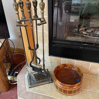 Sale Photo Thumbnail #192: Fireplace utensils and wood bowl