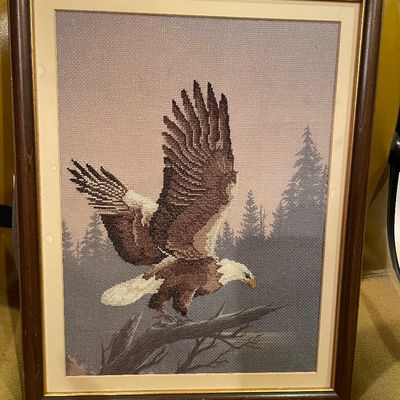 Sale Photo Thumbnail #588: Framed cross stitch eagle