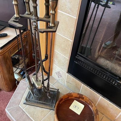 Sale Photo Thumbnail #195: Fireplace utensils and wood bowl