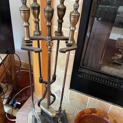 Sale Photo Thumbnail #194: Fireplace utensils and wood bowl