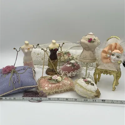 Ornate Miniature Mannequin Jewelry Holders, Gilt Chair, and Pin Cushions