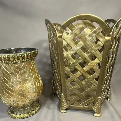 Brass Lattice Wastebasket and Golden Mosaic Vase