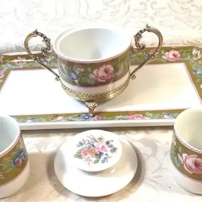 Winterling Floral Porcelain & Lindos Gilt Metal Demitasse Set