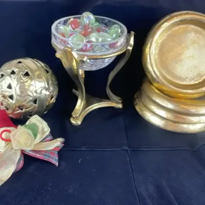 Brass Coasters, and Ornament, plus a Pedestal Bowl of Colorful Glass