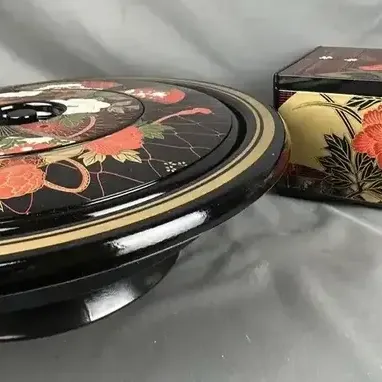 Japanese Style Floral Lacquerware Tissue Box and Five Red Plates