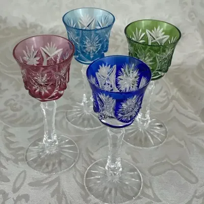 4.5" Multi-Color German Leaded Cut-To-Clear Crystal Cordial Glasses (Set of 4)