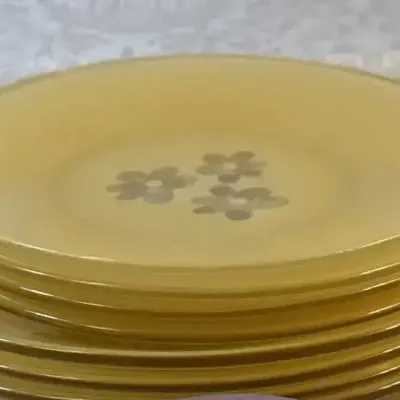 Set of 8 Yellow Glass Floral Luncheon Plates- 4 Salad Plates & 4 Dinner Plates