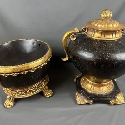 Gilt and Black Crackle Finish Decorative Urn and Bowl