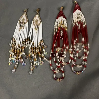 Beaded Tassel Dangle Earrings in Red and White (2 Pairs)