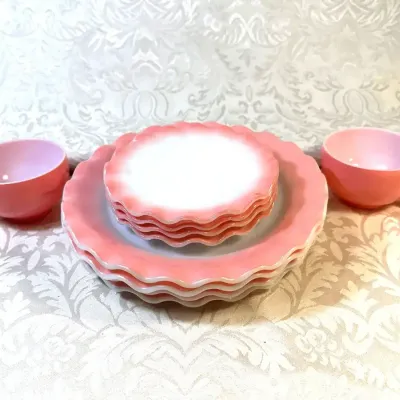 Pink Ruffled Edge Milk Glass Tableware Set
