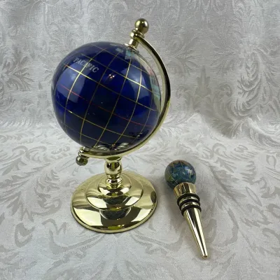 Multi-Gem Inlaid Globe and Matching Wine Stopper Set