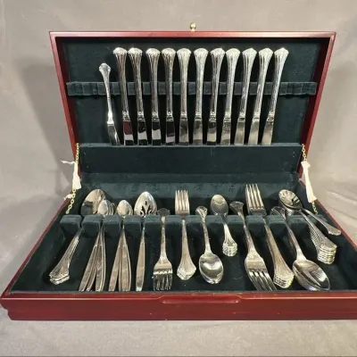 Mixed Stainless Steel Flatware by Wallace, AMC, and Others in Wood Chest