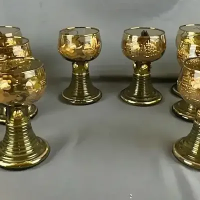 Gold Overlay Heidelberg Castle Green Glass Goblets (Set of 12)