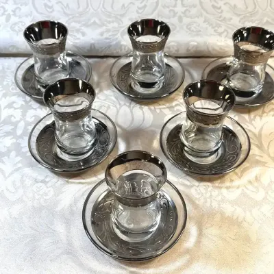 Embossed Silver-Tone Turkish Tea Glass & Saucer Set