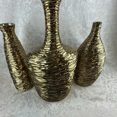 Textured Metallic Gold Decorative Vases, Set of Three (3)