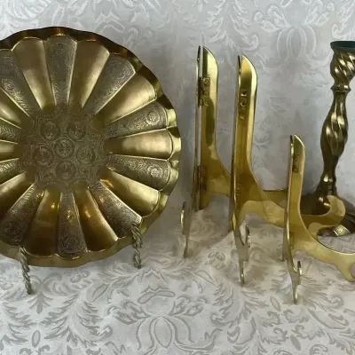 Brass Decorative Collection with Coca-Cola Bottle, Etched Bowl, and Display Easels