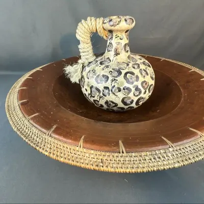 Leopard Print Gourd-Style Vase and Woven Rim Wooden Bowl