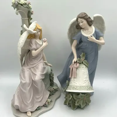 Pastel Porcelain Angel Figurines with Bell and Dove