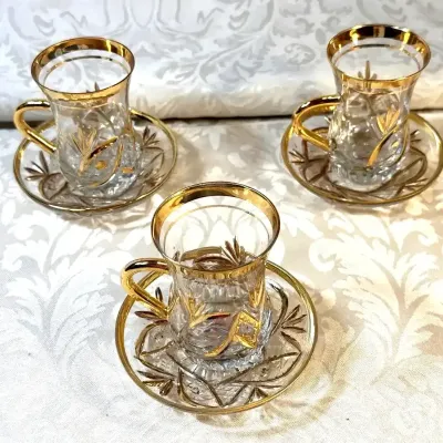 Abkar Handmade Gold Trimmed  Traditional Turkish Coffee Glasses and Saucers
