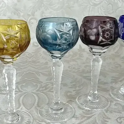 4.5" Tall Colorful German Leaded Cut-To-Clear Crystal Cordial Glasses, Set of 4