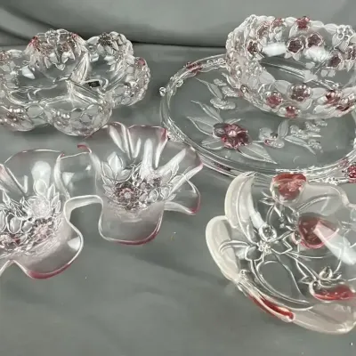 Frosted and Pink Floral Glass Servingware Set