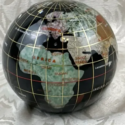 Inlaid Stone World Globe Paperweight in Red Presentation Box