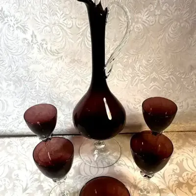 Twisted Stem Amethyst Glass Decanter and Five Wine Glasses