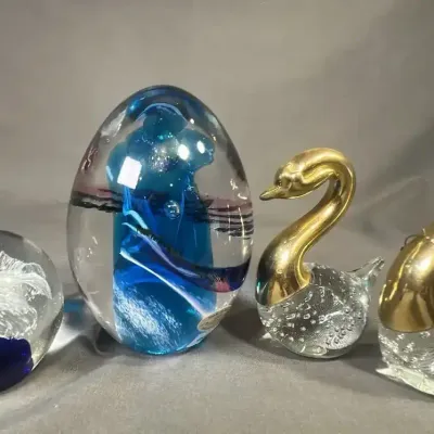 Seguso Murano Glass Paperweight with Swan Figurines & Floral Paperweight