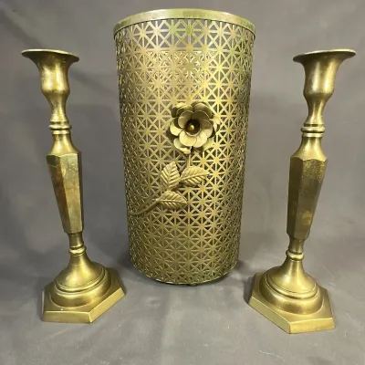 Hexagonal Brass Candlesticks and Perforated Metal Umbrella Stand