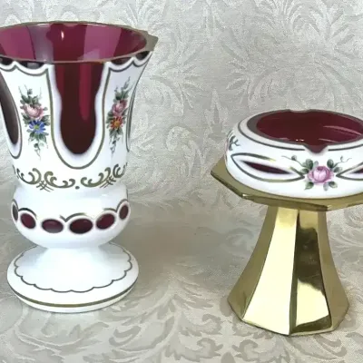 Hand-Painted Ruby Cut-To-Clear Bohemian Glass Vase and Ashtray Set