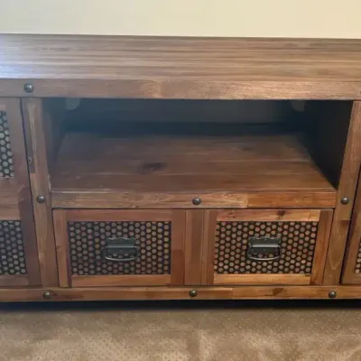 Industrial 60" Wood & Metal Rolling TV Console – Perforated Accents