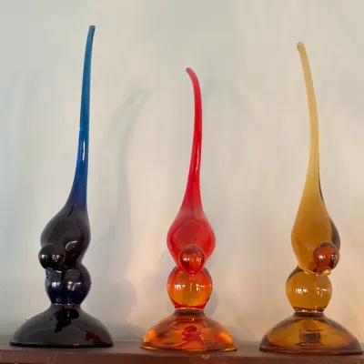 Trio of Vintage Viking Glass "Epic" Long-Tail Birds - Bluenique, Amberina & Amber MCM
