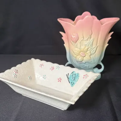 Vintage Hull Art Pottery Vase and Butterfly Planter Bowl Lot