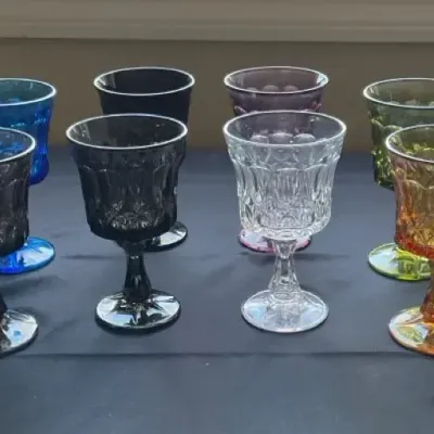 8-Piece Indiana Glass Co. Goblets “Kings Crown” Pattern, Multi-Color Set